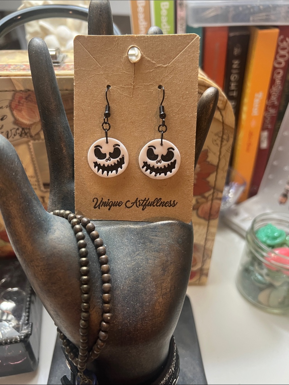 Polymer clay handmade White Halloween Jack skeleton look Dangle Earrings